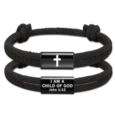 Imagem de ESPVO Pulseiras masculinas cruzadas com versículo bíblico, corda trançada, ajustável, cristão, batismo, religioso, Natal, meia de presente, 8 Inches, Aço inoxidável, Sem Pedra Preciosa