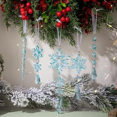 Imagem de Conjunto de 5 peças de enfeites de Natal de acrílico com desenhos de floco de neve e gelo, decorações rosa claro para árvores, grinaldas, janelas, festas de inverno, casamentos, chás de bebê, pendurar
