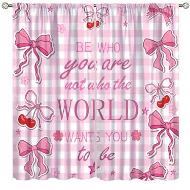 Imagem de Cortina blackout com laço rosa, para meninas, moderno, xadrez, floral, estrela, abstrata, para cozinha, quarto, café, sala de jantar, escritório, sala de estar, decoração, 107 x 114 cm