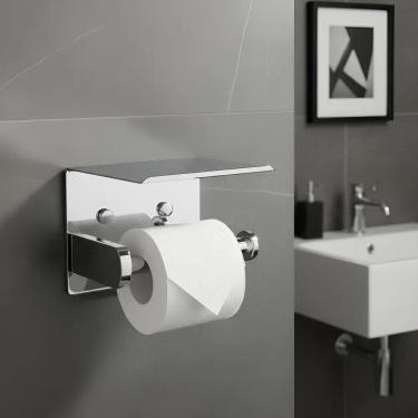 Imagem de Suporte Aço Inox Papel Higiênico Prateleira Adesivo Parafuso