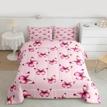 Imagem de Feelyou Conjunto de edredom com estampa de borboletas para todas as estações, com 1 fronha, linda microfibra para crianças, solteiro, decoração de quarto, edredom respirável, macio e leve