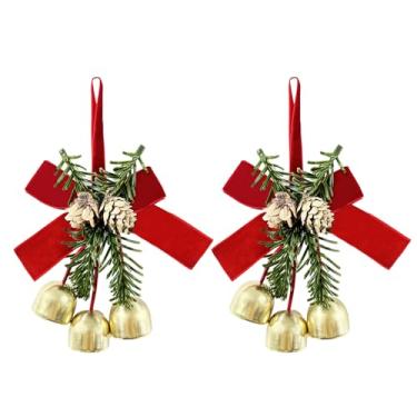 Imagem de 2 peças de laços de guirlanda de Natal com sinos e pinha, decoração suspensa FoyaHome para topo de árvore, armário, presente - enfeites de laço de veludo e decorações de sino