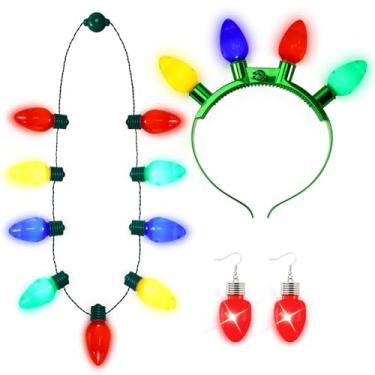 Imagem de NOVWANG Colar com 3 peças de lâmpadas de Natal, faixa de cabeça, lâmpada de Natal, colar com 9 brincos pendentes para crianças, acessórios de festa e adultos
