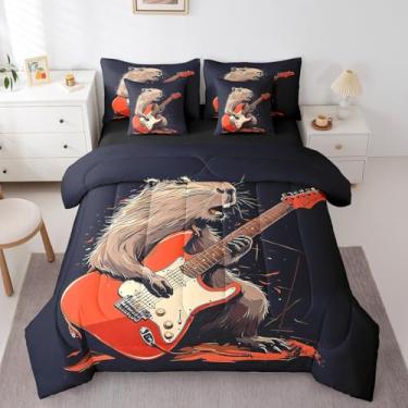 Imagem de Jogo de cama casal e edredom adorável capivara, guitarra grunge hipster, 7 peças, capivara, amantes de animais, decoração com estampa de animais roedores, decoração de instrumentos musicais
