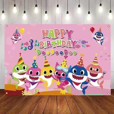 Imagem de Pano de fundo de aniversário de tubarão - fundo grande de desenho animado de 1,8 x 1,8 m para decoração de chá de bebê, pano de fundo de fotografia infantil, suprimentos de festa com tema de mar para