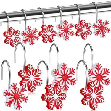 Imagem de CroBlissful 12 ganchos de cortina de chuveiro de floco de neve de Natal, inverno, 4 estilos, flocos de neve, ganchos para cortina, vermelho, branco, anéis decorativos de inverno para banheiro, varões
