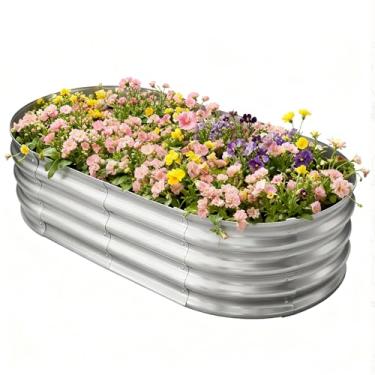 Imagem de TATAANTY Canteiro de jardim elevado galvanizado para exterior: Kit de recipiente de plantas vegetais de metal durável de 1,2 x 2,5 m - Caixa oval para jardim de flores