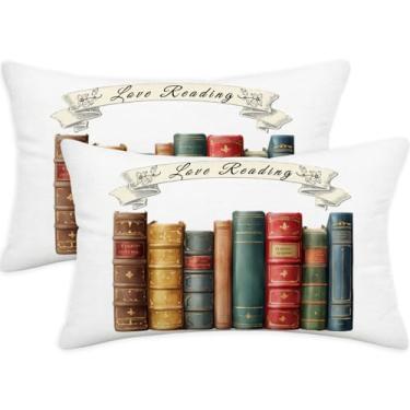 Imagem de Love Reading Capa de almofada lombar 30,5 x 50,8 cm, capa de almofada decorativa de linho branco dupla face para cadeira de sofá de amantes de livros ou canto de leitura