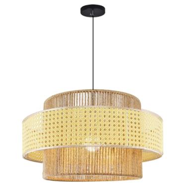 Imagem de Luz pendente de vime tecido à mão 50 cm boho luz pendente de vime trançado sombra bambu luzes pendentes de vime lustre de vime casa de fazenda luz de teto suspensa para cozinha, sala de estar, sala de