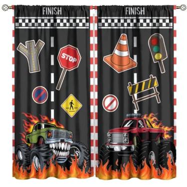Imagem de Fblifil Cortinas de caminhão de desenho animado para quarto de crianças, bandeira de corrida de carro, chamas vermelhas, caminhonete monstro, tratamentos para janela de varão, para meninos, quarto