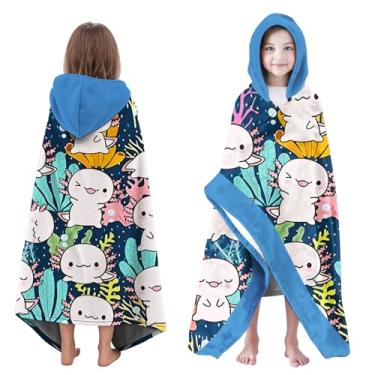 Imagem de Neapth Axolotl Toalha de praia com capuz para meninos, 89 cm x 152 cm, design oceano, poncho, toalha de banho para crianças, azul e rosa, absorvente macio com capuz para 3 a 10 anos, roupão para banho