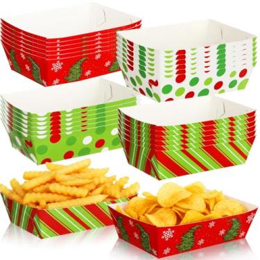 Imagem de Dunzoom 48 peças de bandejas de comida de papel de Natal, bandejas descartáveis para lanches de filmes de Natal, elfo, boneco de neve, vermelho, verde, pratos, nacho, cachorro-quente, barco, para