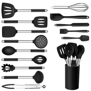 Imagem de Onader Conjunto de utensílios de cozinha, conjunto de 15 utensílios de cozinha de silicone com suporte e alça de aço inoxidável resistente ao calor para panelas antiaderentes - preto