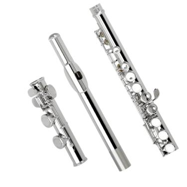 Imagem de Flauta transversal profissional em chave C 16 aberturas fechadas com luvas de pano de limpeza em caixa alto flauta