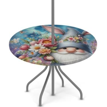 Imagem de hongjinglin Toalha de mesa de Páscoa para uso ao ar livre com orifício para guarda-chuva, toalha de mesa redonda elástica com zíper, impermeável, limpável, para piquenique, festa, pátio, serve para