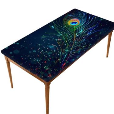Imagem de hongjinglin Toalha de mesa retangular de 1,8 m elástica com penas azuis pavão, capa de mesa retangular, impermeável, lavável, protetor de mesa para piquenique, jantar, cozinha, decoração ao ar livre