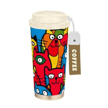 Imagem de SEHANY Caneca de viagem de gato gatinho fofo de 482 g xícaras de café reutilizáveis revestidas de cerâmica com tampa à prova de vazamento, parede dupla, isolamento a vácuo, copo de café de aço