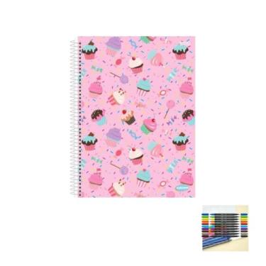 Imagem de Kit Caderno Feminino 10 Matérias Capa Dura 200 Folhas + Caneta Esferográfica 0.7mm + Marcador Artístico Brush Dual Tip