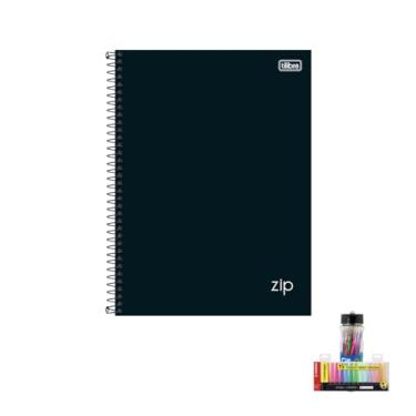 Imagem de Kit Caderno Universitário Capa Dura Zip Preto 10 Matérias com Caneta e Marca Texto