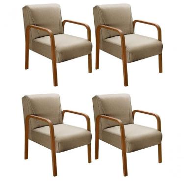 Imagem de Kit 4 Poltronas Anita Moderna Decorativa Braço Madeira Linho Marrom 150