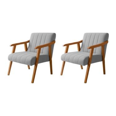 Imagem de Kit 2 Poltronas Decorativa Com Braço Em Madeira Maciça Livia Veludo Cinza