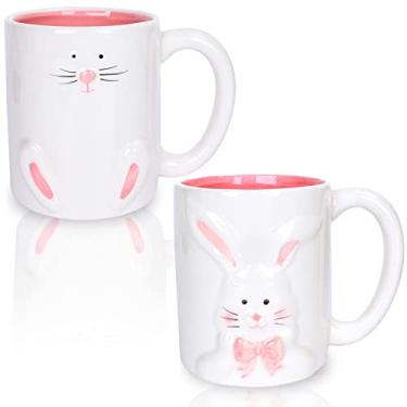 Imagem de Whaline 2 peças Canecas de Páscoa 340 g Coelho Coelho Canecas de Café Cerâmica Rosa Branco Copos de Natal Presentes de Festa para Membros da Família Amigos Aniversário Mesa de Jantar Decoração Amante