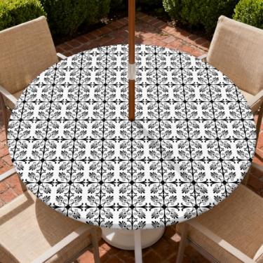 Imagem de COTAIL Toalha de mesa redonda para uso ao ar livre com zíper e orifício para guarda-chuva, toalha de mesa elástica à prova d'água a óleo para pátio, piquenique, acampamento, jardim, serve para mesa