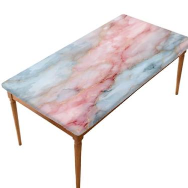 Imagem de oooJHooo Toalha de mesa retangular com borda elástica para 1,5 m, toalha de mesa de piquenique de mármore rosa à prova de vento à prova d'água lavável para jantar, acampamento, festa ao ar livre 76 cm