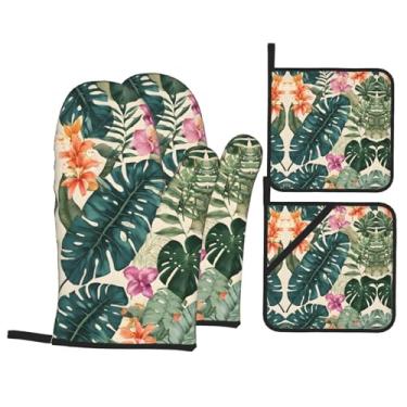 Imagem de Conjunto de luvas de cozinha tropicais de verão havaiano de folhas de palmeira com suportes de tampa, luvas de forno resistentes ao calor para lidar com panelas quentes, grelhar, churrascos, kit de 4