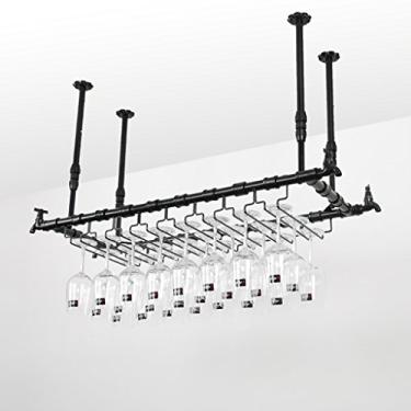 Imagem de APUM Porta-copos de vinho de vidro pendurados em taças de vinho tinto, suporte de garrafa de vinho pendurado no teto, suporte de garrafa de vinho de metal, suporte para copos de vinho, prateleiras de