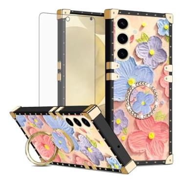 Imagem de Asuwish Capa de celular para Samsung Galaxy S24/S25 5G capa magnética com protetor de tela de vidro temperado e anel protetor de flor de pintura suporte rígido S 24 24S 25 25S G5 SM-S931U mulheres