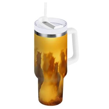 Imagem de Kigai Copo de corrida de 1,134 g com tampa e canudo, copo isolado de aço inoxidável durável à prova de vazamento com alça, garrafas de água à prova de derramamento para viagens