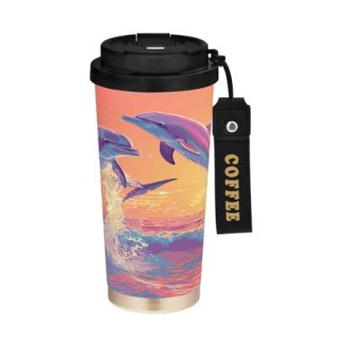 Imagem de YETTASBIN Caneca de café Dolphin com isolamento térmico de 482 g com tampa canudo, copo à prova de derramamento e vazamento com alça para bebida quente e fria, garrafa de água de aço inoxidável