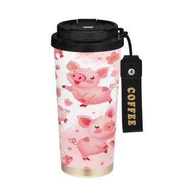 Imagem de YETTASBIN Caneca de café com isolamento térmico Pig de 482 g com tampa canudo, copo à prova de derramamento e vazamento com alça para bebida quente e fria, garrafa de água de aço inoxidável