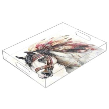 Imagem de STAYTOP Linda bandeja de acrílico Indian Tribe Horses 15,7 × 11,20 cm, bandejas decorativas à prova de derramamento, organizador de bancada para café da manhã, chá, comida, maquiagem