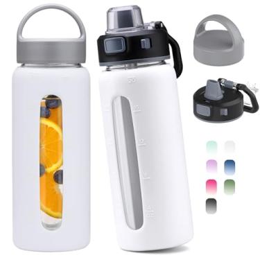 Imagem de Kodrine Garrafa de água de vidro de 590 ml com canudo - 2 tampas - xícara de café gelada com manga de silicone e marcador de tempo, garrafa de vidro reutilizável para casa, escritório, ao ar livre