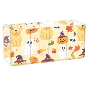Imagem de Burbuja Suporte de caneta de acrílico para cães usando chapéus de bruxa, 4 compartimentos, suporte de lápis transparente para pincéis de maquiagem, acessórios de mesa de escritório em casa