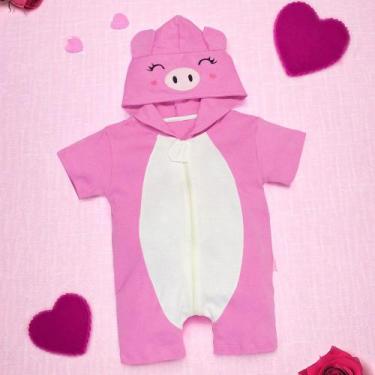 Imagem de Macacão Infantil Curto Com Capuz Bordado Porquinha Rosa - Era Uma Vez,