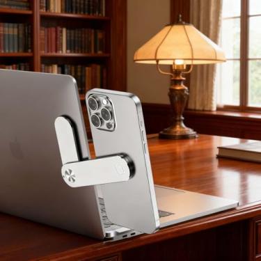 Imagem de Suporte de extensão de tela de telefone portátil – Suporte ajustável para laptop, suporte magnético para telefone, compacto e versátil para chamadas de vídeo e multitarefas (prata)