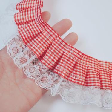 Imagem de Guarnição de babados guingão de 8 metros de largura, guarnições de tecido de fita de renda xadrez de organza para costura, artesanato, cortina, vestido de casamento, decoração de fronha (vermelho)