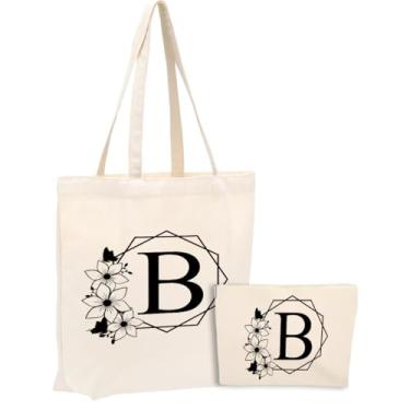Imagem de Bolsa de lona inicial, presentes personalizados, adequada para casamento, aniversário, praia, férias, trabalho, dia das mães, conjunto de sacolas de cosméticos de Natal e sacola de presente monograma