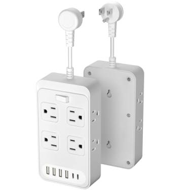 Imagem de Régua de linha com 8 tomadas amplas e 4 portas USB, extensor de saída lateral com 2 USB C suporte de parede estação de carregamento USB para escritório em casa, dormitório universitário, branco