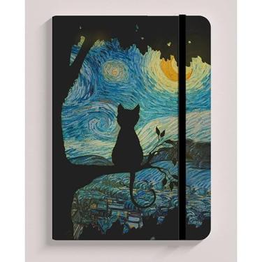 Imagem de Bloco de desenho A5 - Capa dura com tema felino, papel pesado sem linhas, adequado para criação artística, anotações e colecionadores de gatos (GATO NA NOITE,>> folha PONTILHADA)