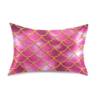 Imagem de Travesseiros de sereia escamas de peixe rosa cetim engraçado premium resfriamento padrão queen king size travesseiros de cama macios básicos tamanho king size 101,6 cm x 50,8 cm