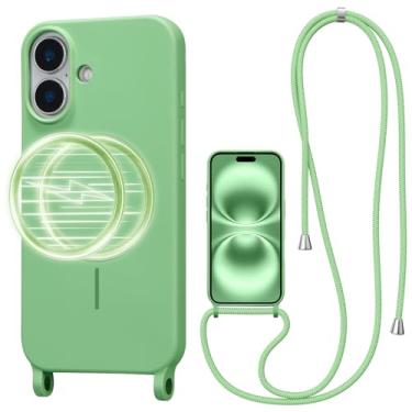 Imagem de UCASONG Capa transversal magnética para iPhone 16 Plus de 6,7 polegadas, capa de silicone líquido com alça ajustável no pescoço, [compatível com MagSafe] Capa protetora para telefone - verde cedro