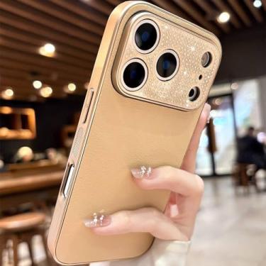 Imagem de Capa feminina em couro PU com detalhes em diamante para iPhone 17 Pro Max, 16, 15, 14, 13, Pro Max e 17 Pro. Capa protetora macia e resistente a impactos, na cor amarelo claro. Compatível com iPh