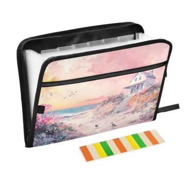 Imagem de Pastas sanfonadas encantadoras de praia floridas para documentos, pasta organizadora expansível tamanho carta A4 com bolsa frontal para lápis