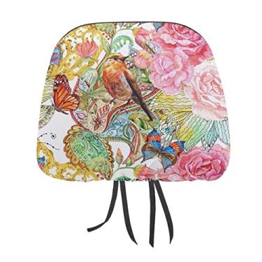 Imagem de Sem costura flores rosas amarelas flores com folhas, borboletas de pássaro, 1 peça universal capa protetora de encosto de cabeça para assento de carro, capa macia para encosto de cabeça de carro