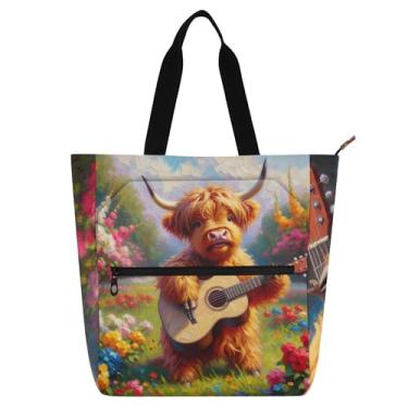 Imagem de GAIGEO Linda bolsa de trabalho floral de vaca Highland para mulheres, bolsas de tecido de lona, faculdade, escola, professor, presente para amantes de livros