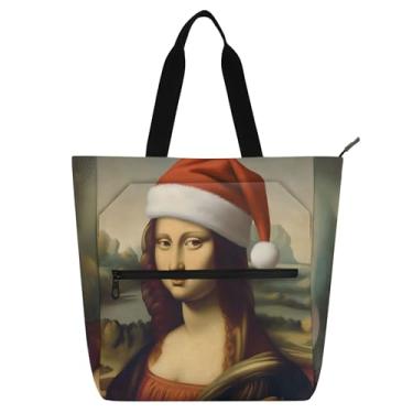 Imagem de Bolsa feminina Mona Lisa Santa de Natal para trabalho, lona, praia, livro, com zíper, bolsas para professores, presentes para amantes de livros